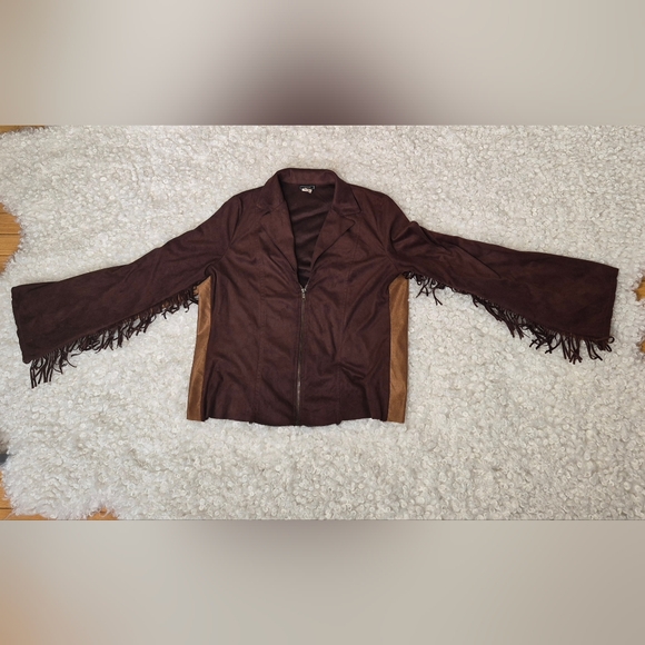 Vintage Vixen Brown Faux Suede Fringe Western Zip Jacket L Cowgirl Boho Fedtival - Picture 5 of 10